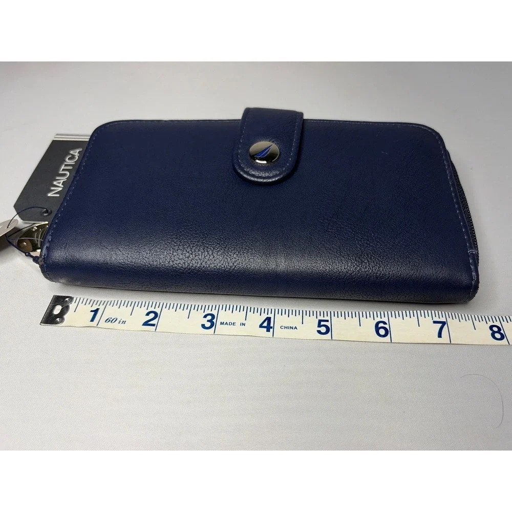 Nautica Navy Blue RFID Blocking Zip Around Clutch Wallet Vegan Leather New
